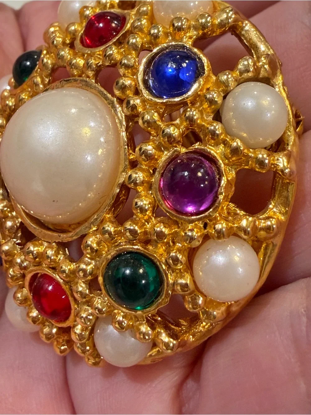 Gold-Tone Multicolor Cabochon & Pearl Cluster Brooch